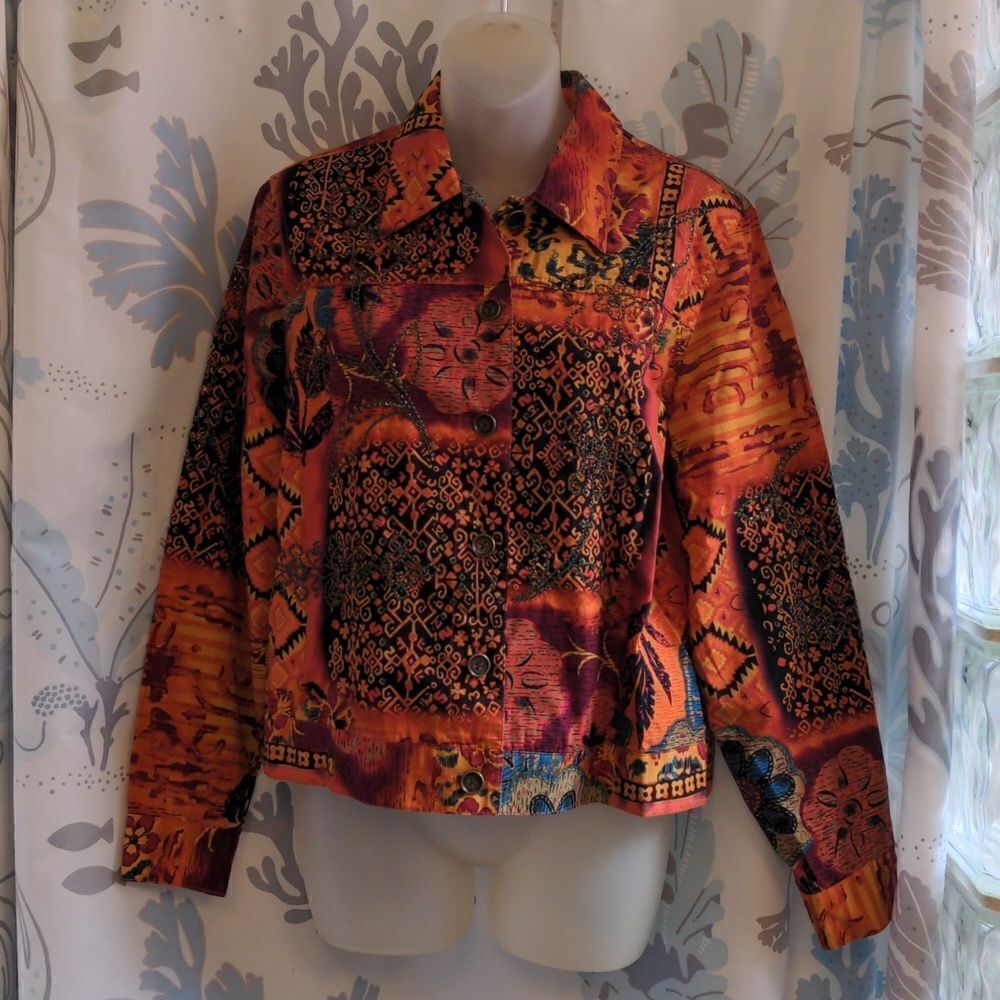 Coldwater Creek Orange Southwestern Floral Design Cotton Jacket Sz S